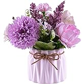 Artificial Potted Flowers, Small Ceramic Vase Fake Flower Plants Desktop Decoration Indoor for Home and Office, Faux Flowers Hydrangea Decora for Table,Bookshelf,Bedroom,Living Room,Party.(Purple)