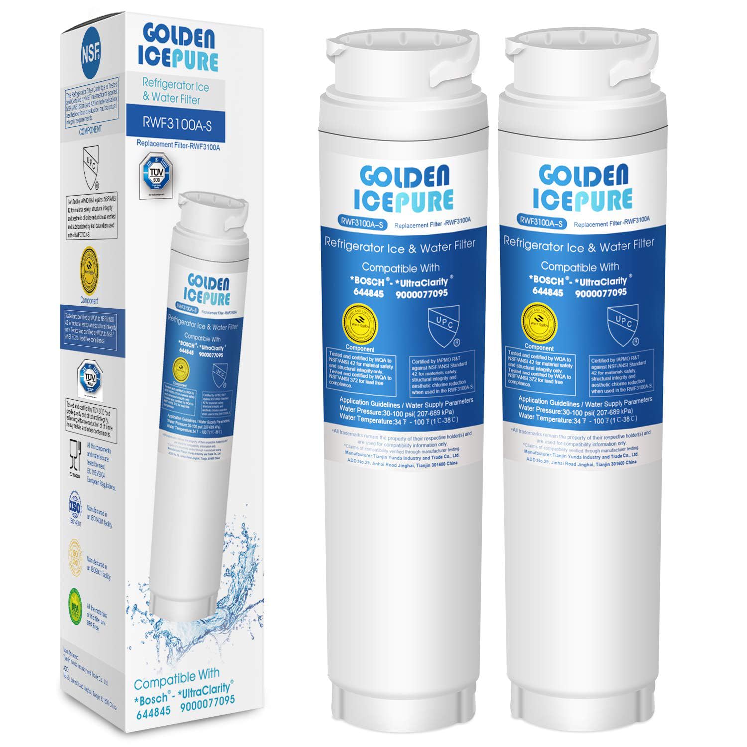 GOLDEN ICEPURE Refrigerator Water Filter Compatible with Bosch Ultra Clarity 644845, Siemens Neff Miele 740560 00740560 9000194412 REPLFLTR10; Haier 0060820860 0060218743,2 Pieces