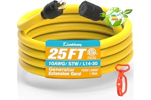 Leadchuang 30 AMP Generator Cord, Generator Extension Cord 30 AMP 4 Prong 25 ft, L14-30 Generator Cord STW 10 Gauge 125/250V 30AMP 7500W Generator Power Cord Featuring L-M-E Certified Top-Grade Copper