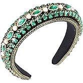 Crystal Headband for Women Girls Green Rhinestone Pearl Embellished Black Padded Hair Bands Retro Elastic Wide Hair Hoop Holiday Party Head wear