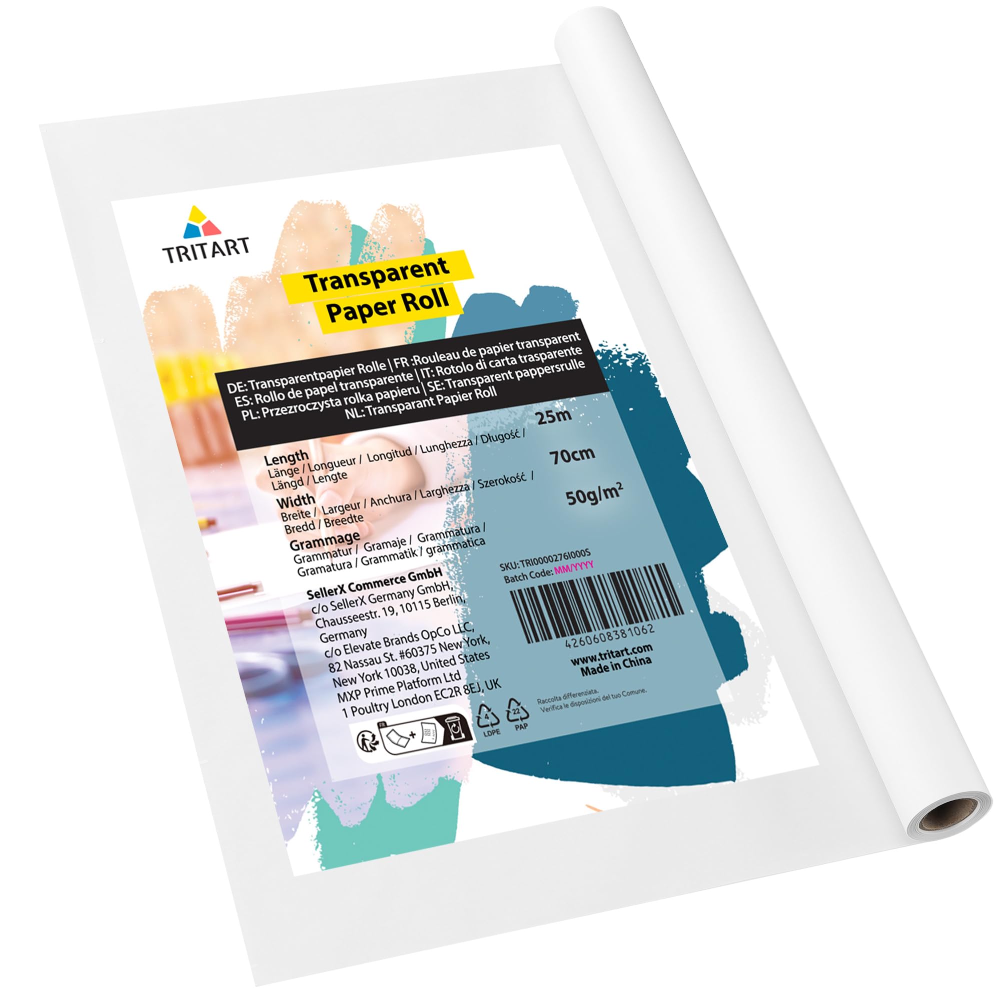 Tritart Translucent Tracing Paper Roll - 25m x 70cm (82 ft x 27.6") - 50 GSM Large Roll of Transparent Flipchart Paper - Pattern Paper for Dressmaking, Sewing, Drawing for Kids