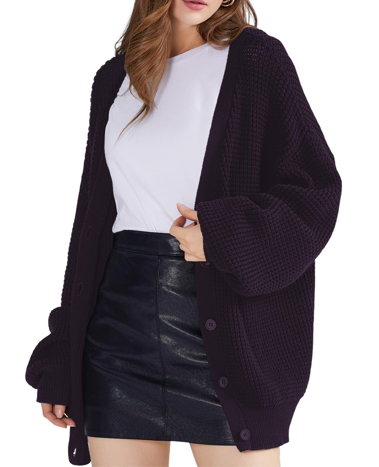 QUALFORT Women's Cardigan Sweaters for Women 100% Cotton Button-Down Long Sleeve Fall Sweaters for Women 2026 Dark Purple Medium Image