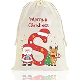 Fohufo 16 x 20 Inch Christmas Santa Sack, Personalized Monogram Letter Bag with Drawstring, Large Reusable Cotton Santa Bag for Gifts, Christmas Party Supplies, Medium S