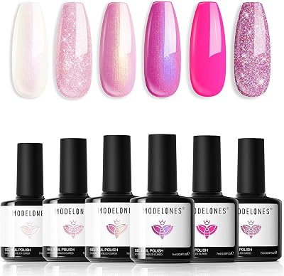 Modelones Gel Nail Polishes 6 Color Glitter Set Pink Sparkle 7ml Includes