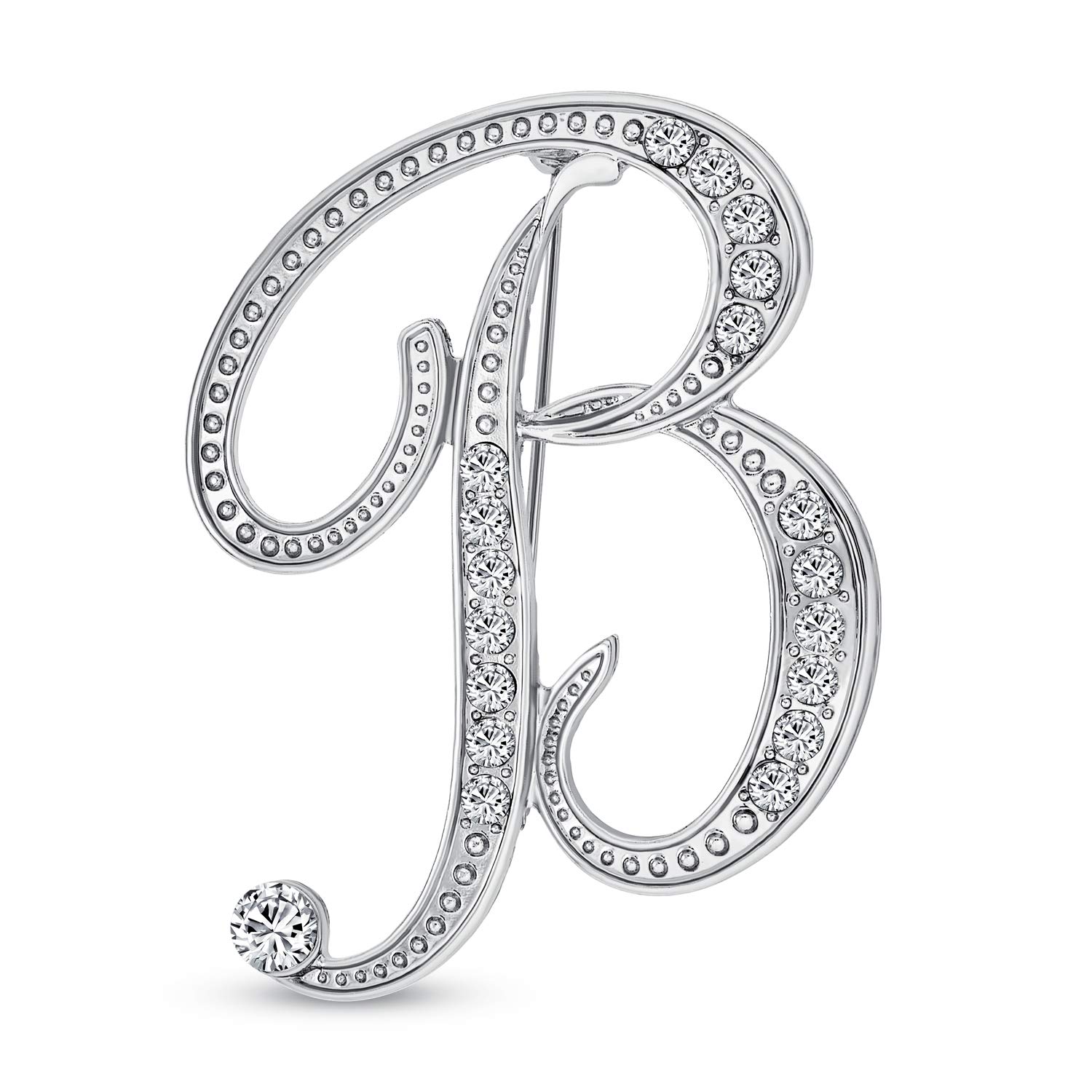 Large Statement ABC Pave Crystal Cursive Script Monogram Letters Alphabet Initial B Scarf Lapel Pin Brooch For Women Silver Plated