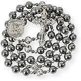 Nazareth Store Saint Michael Rosary Black 10mm Hematite Beads Prayer Necklace Metal Mystery Beaded Men Rosary with Silver Crucifix