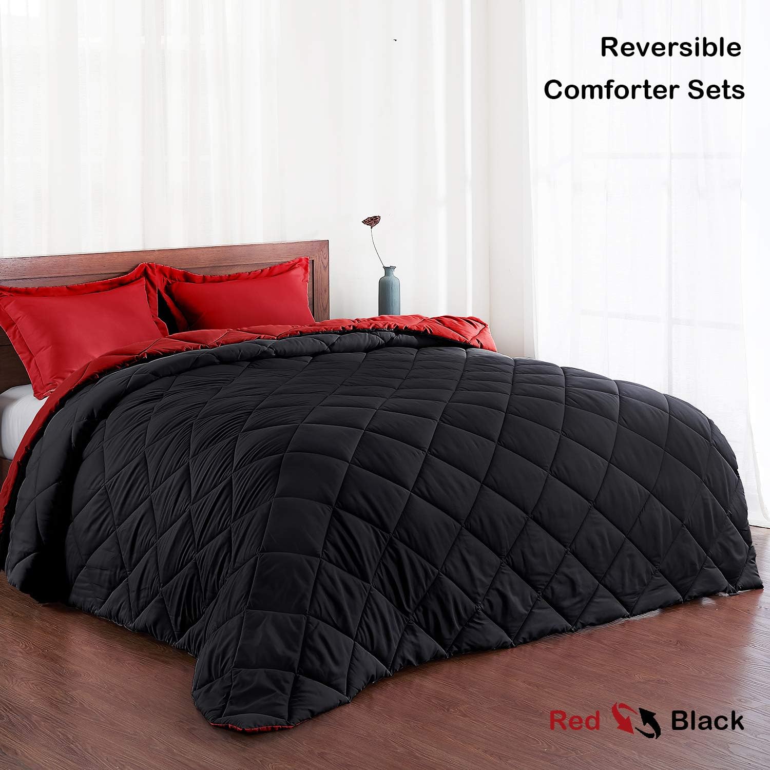 Basic Beyond Down Alternative Comforter Set (Queen, Black/Red) - Reversible Bed Comforter with 2 Pillow Shams for All Seasons: Home & Kitchen