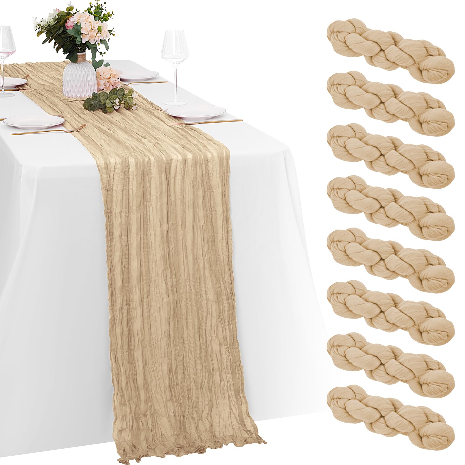 Photo 1 of 8 Pack Beige Cheesecloth Table Runners 20x120 Inch Gauze Table Runner Cheese Cloth 10FT Beige Table Runner Rustic Sheer Runner for Wedding Birthday Party Baby Shower Table Decor