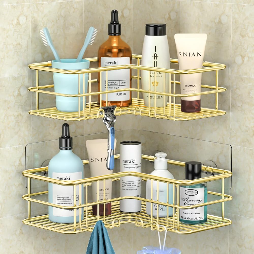 Menbyci 2 Pack Corner Shower Caddy Adhesive Shelf 8 Hooks Gold
