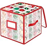 BlessedSeason Christmas Ornament Storage Box with Adjustable Dividers, Store up to 64 3-inch or 36 4-inch Christmas Ornaments, Plastic Xmas Storage with Zippered Closure & Two Handles