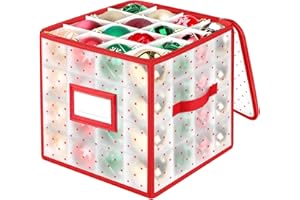 BlessedSeason Christmas Ornament Storage Box with Adjustable Dividers, Store up to 64 3-inch or 36 4-inch Christmas Ornaments, Plastic Xmas Storage with Zippered Closure & Two Handles