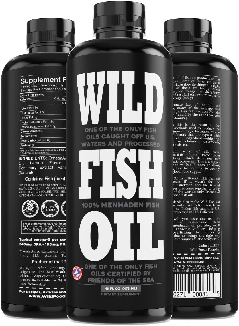 Wild FoodsLiquid Omega 3 Fish Oil Supplement, Lemon, 16 oz (4 pk) | Wild Caught, Burpless, Odorless, Non-GMO, Gluten Free | DPA, DHA, EPA Triple Strength Heart & Joint Nutrition for Women & Men