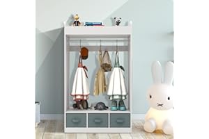 Guangshuohui Dress Up Storage with Mirror,Dress Up Storage with Mirror, Girls Armoire with Non-Woven Drawers, Open Costume Closet with Hanging Rack (White)