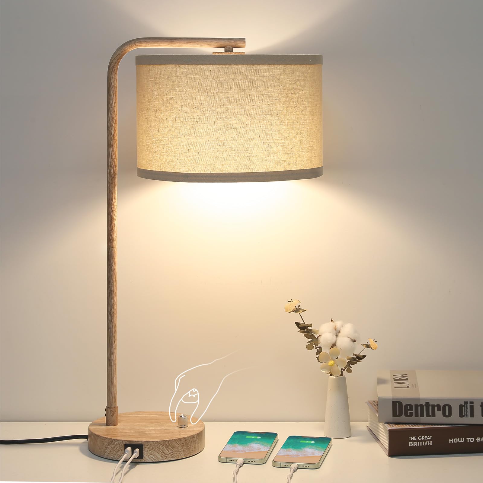 Photo 1 of Farmhouse Table Lamp, Fully Dimmable Bedisde Nightstand Lamp with USB C+A Charging Ports, Modern Tall Table Lamp Desk Reading Lamp for Living Room, Bedroom, Office, 9W LED Bulb Included