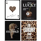 KBIERQN 4pcs Trendy Leopard Prints Wall Art Lucky 8 Ball Poster Preppy Room Stay Wild Cheetah Canvas Pictures Luxury Club Poster for Girls Bedroom Apartment Dorm Wall Decor 8x10In Unframed