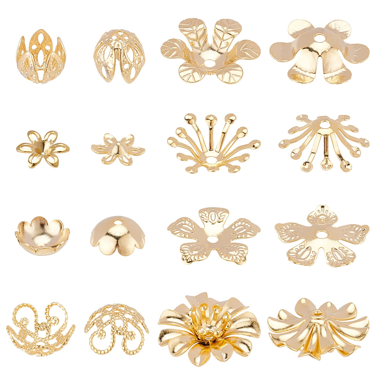PH PandaHall 8 Styles 24K Gold Plated Bead Caps, 48pcs Flower Shaped End Caps Metal Filigree Flower Cap for Earring Bracelet Necklace Jewellery DIY Craft Making