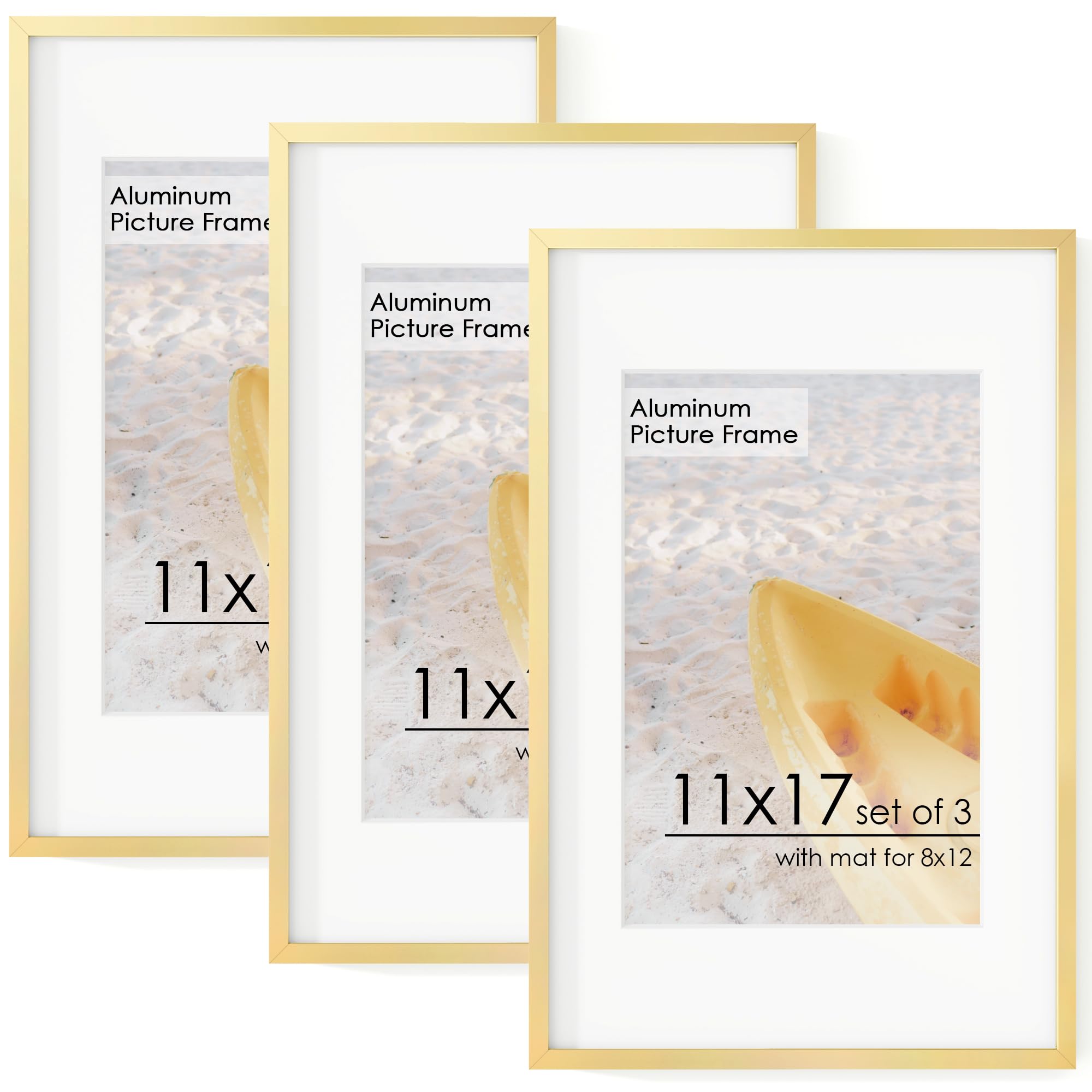 11x17 Metal Picture Frame for Wall With Mat for 8x12, 11''x17'' Aluminum Photo Frames With Tempered Glass for Home Decor, Minimalist Modern Poster Frame Horizontal And Vertical Formats, 3 PCs, Gold Image