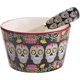Boston International Ceramic Bowl and Spreader Day of the Dead Serving Set, 14 Ounces, No Vida Cantina