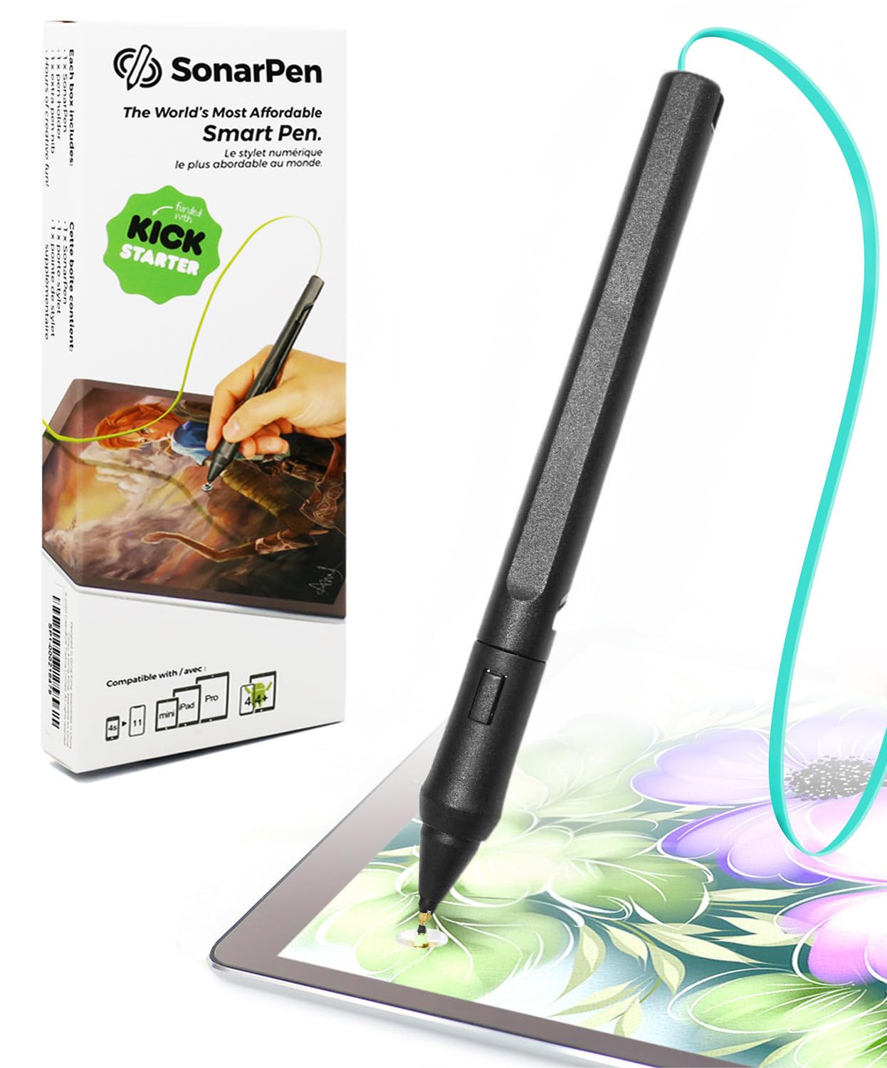 SonarPen - Pressure Sensitive Smart Stylus Pen with Palm Rejection and Shortcut Button. Battery-Less. Compatible with Apple iPad/Pro/Mini/iPhone/Android/Switch/Chromebook (Aqua Green)