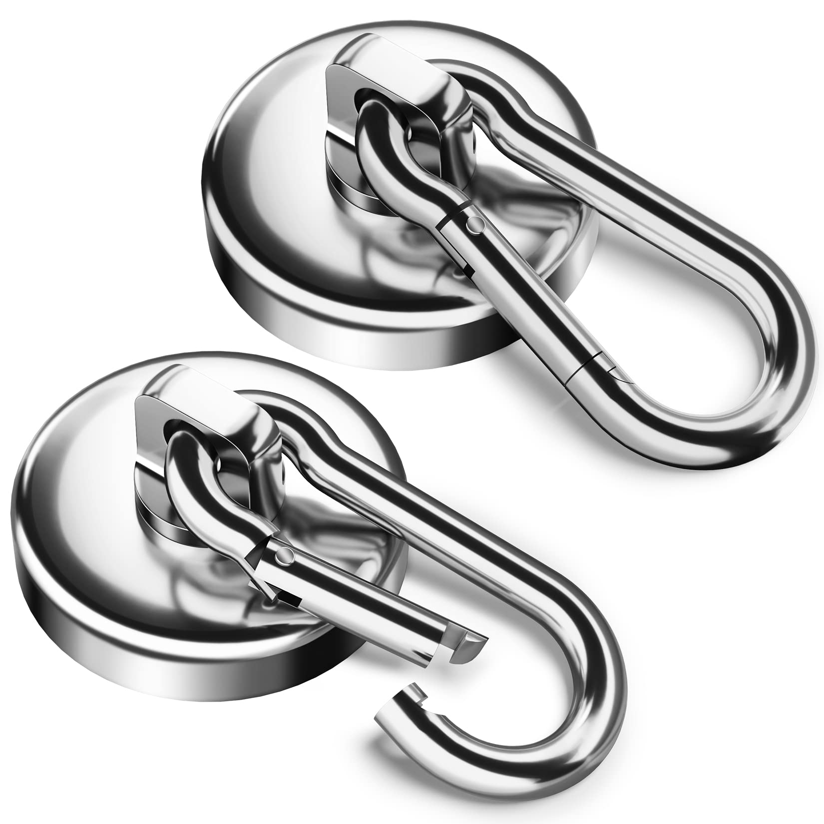 FINDMAG 2 Pack Large Magnetic Hooks, 45.5 KG(100 LBS) Super Strong Neodymium Magnets with Swivel Carabiner Snap Hooks, Strong Magnet Hook Heavy Duty for Indoor/Outdoor Hanging - 32 mm
