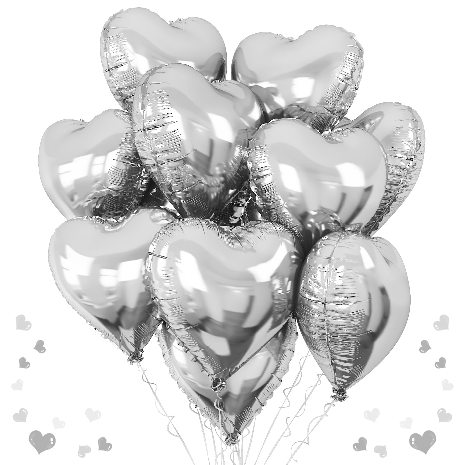 Silver Heart Foil Balloons, 18 Inch Large Metallic Silver Helium Heart Balloon, 10Pcs Shine Metallic Chrome Gray Heart Shape Mylar Balloons for Birthday Valentine Wedding Graduation New Year Party — image 1