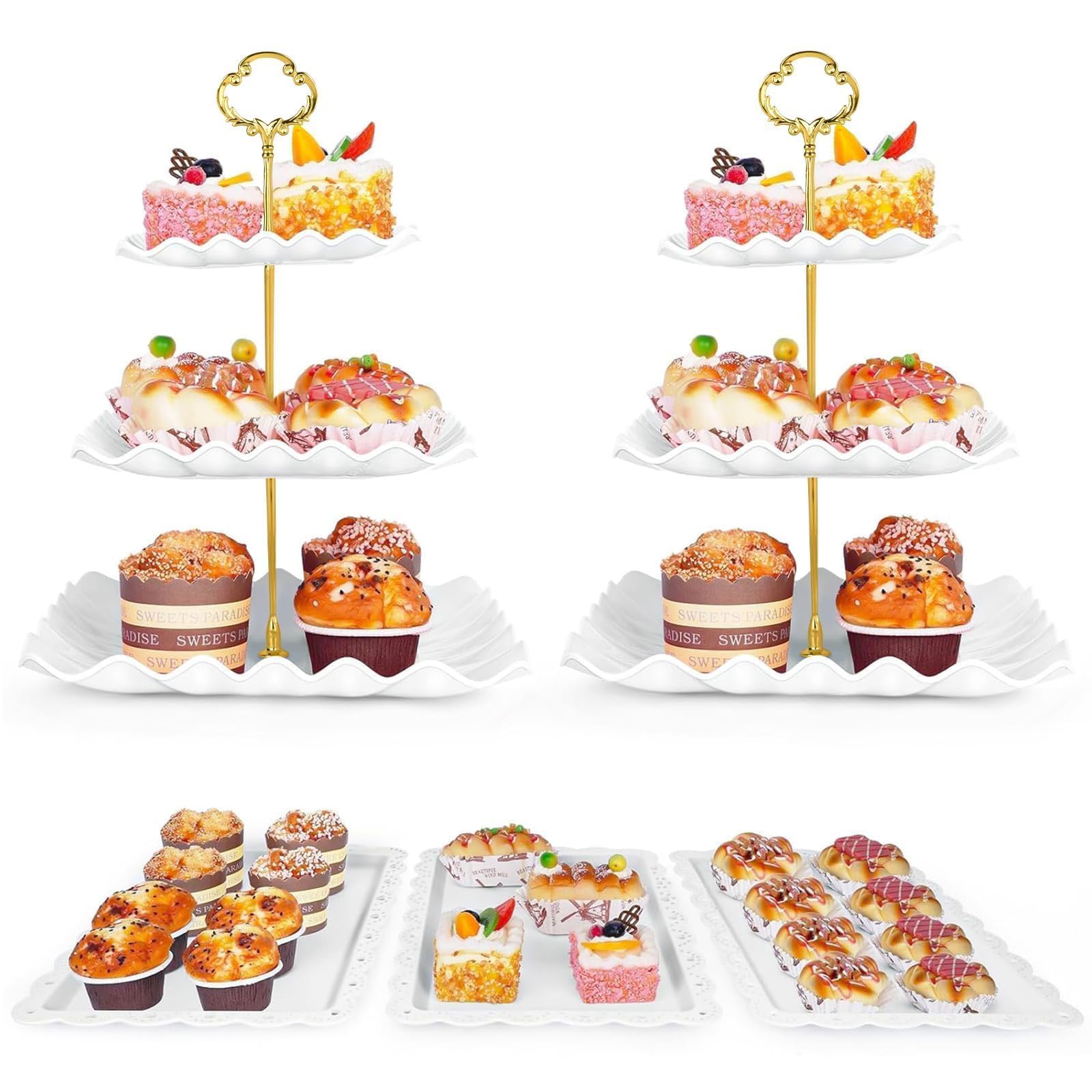 Photo 1 of 5 Pcs Dessert Table Display Set - 2 Pcs 3-Tier Dessert Display Stands & 3 Pcs Serving Tray - Dessert Trays Dessert Stands Treat Table Displays Set for Tea Parties,Birthdays & Baby Showers