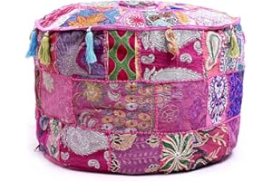 Aakriti Gallery Indian Pouf Footstool, Ethnic Embroidered Pouf Cover - Cotton Round Ottoman - Pink, 22x14