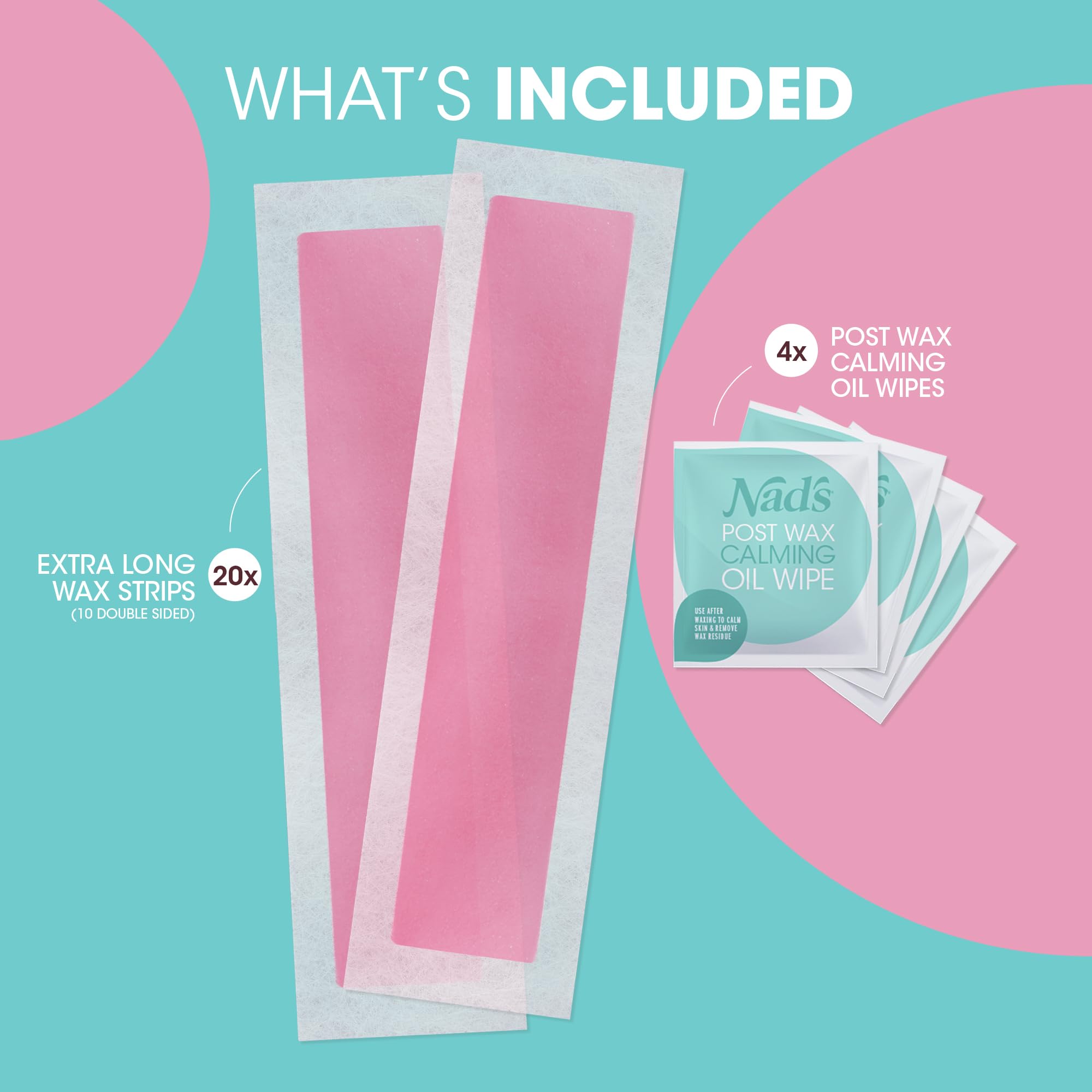 Nad's Extra Long Wax Strips - Hair Removal For Women - Waxing Kit with 20 Large Wax Strips + 4 Calming Oil Wipes