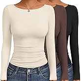 Ekouaer Women's Boat Neck Tops 3 Packs Long Sleeve Shirts Ruched Fall Fashion 2025 Outfits Basic Thermal Underscrubs