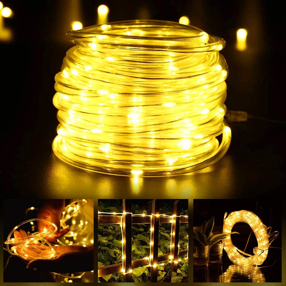 Solar String Rope Lights, 40 FT 100 LED((Upgraded Solar Panel and Battery) Super Bright Outdoor 8 Modes Waterproof Fairy Lights for Garden Patio Yard Party(Warm White): Home Improvement