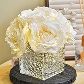 YSZL Artificial Rose in Glass Vase Vintage Silk Flower Arrangement with LED Light for Table Centerpiece Home Wedding Decoration (Cream)
