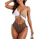 Leoparts Women's Sexy One Piece Swimsuit V Neck Cutout Bathing Suit High Cut Color Block Swimwear Monokini