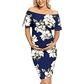AONESX Off Shoulder Maternity Dress Baby Shower Navy Floral L