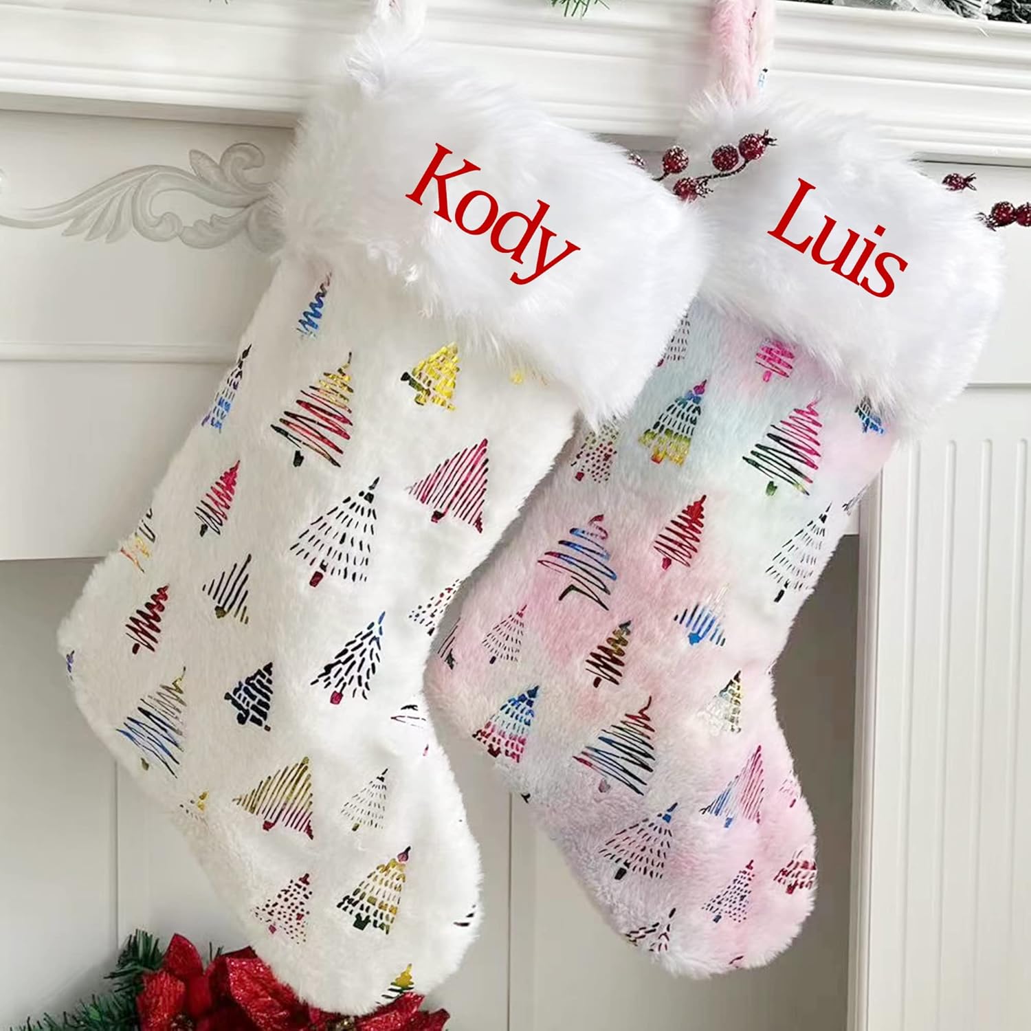 Stockings & Holders - Ulico Personalized Christmas Stockings, Large Custom Xmas Stockings with Colorful Tree,White Plush Hanging Stockings with Faux Fur, Decorations for Christmas Family Party Gifts(1 Pcs)