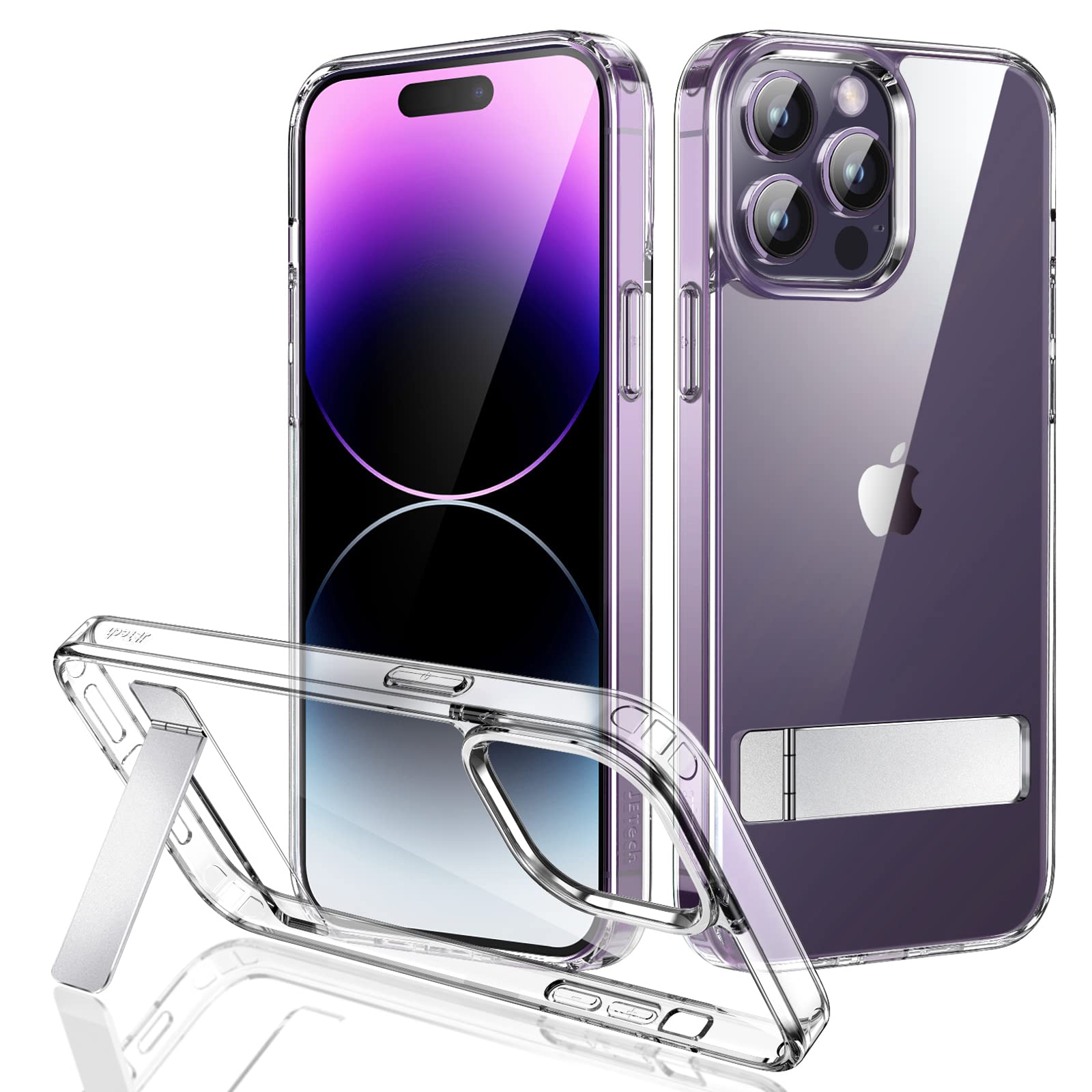 JETech Kickstand Case for iPhone 14 Pro 6.1-Inch, Support Wireless Charging, Slim Shockproof Bumper Phone Cover, 3-Way Metal Stand (Clear)