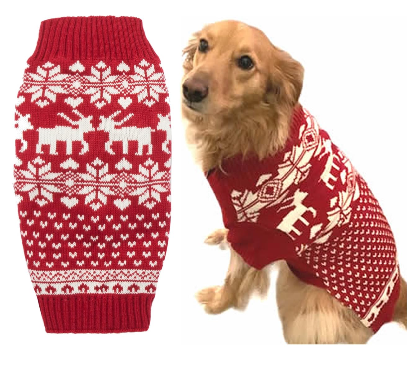 Lanyarco Red Christmas Dog Sweater, Reindeer Holiday Festive Xmas Dog Christmas Sweaters for Medium Large Dogs, Back 19.5" (XL) Size
