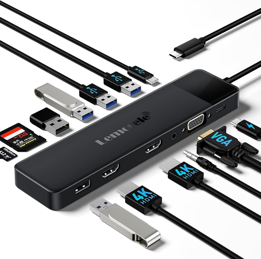 Lemorele 13-in-1 USB C Docking Station 2025 Upgrade Dual 4K HDMI VGA