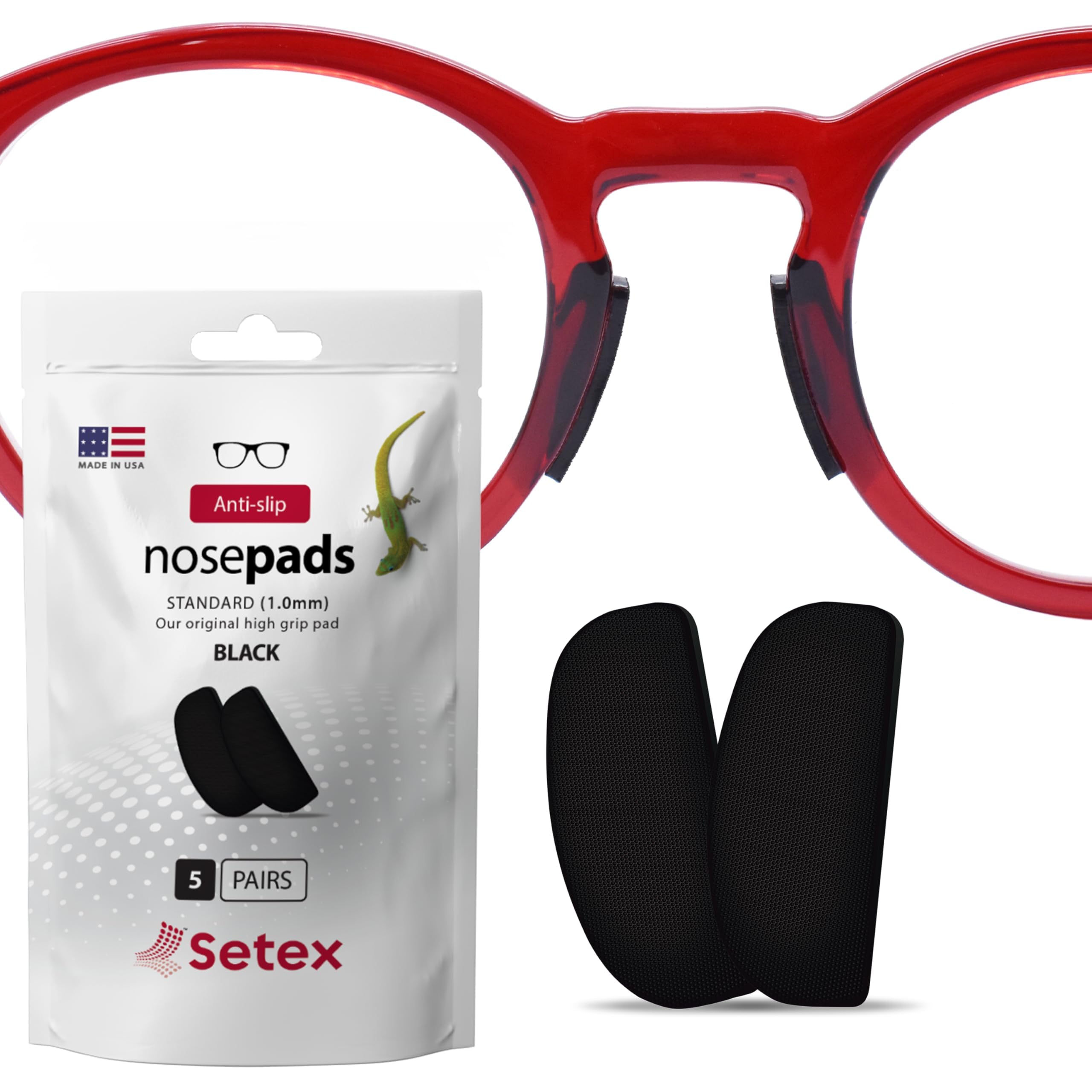 Setex Gecko Grip Glasses Nose Pads (5 Black Pairs) - Anti-Slip Nose Pads for Glasses, Micro-Structured Fibers, Ultra-Strong Grip and Ultra-Soft, Self Stick Adhesive, 1 x 7 x 16 mm