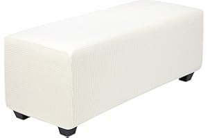 PiccoCasa High Stretch Ottoman Cover with Elastic Bottom, Soft Slipcover Jacquard Fabric Small Checks Rectangle Storage Stool Cover Furniture Covers Large Seasalt