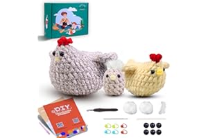 ⅠCROCHET Crochet Kit for Beginners, 3 PCS Chicken Family Crochet Starter Kit for Adults Kids with Step-by-Step Video Tutorials, DIY Crochet Animal Complete Knitting Kit