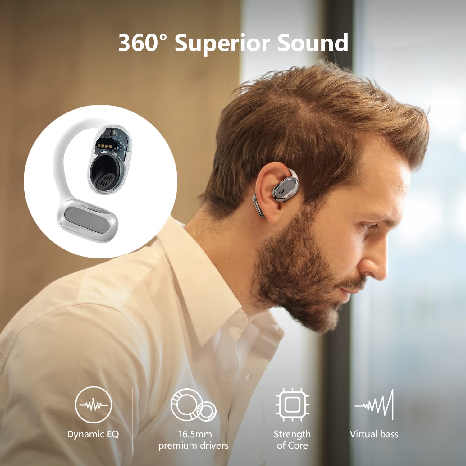 Oladance OWS1 Open Ear Headphones, Wireless Bluetooth 5.2 Headphones Air Conduction, Up to 16 Hours Battery Life with Carry Case, High Sound Quality with Dual 16.5mm Drivers Space Silver