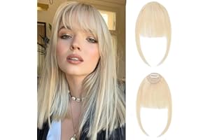 MYMYDA Clip in Bangs 100% Real Human Hair Extensions Clip on Wispy Bangs for Women Fringe with Temples Hairpieces 613 Blonde Color