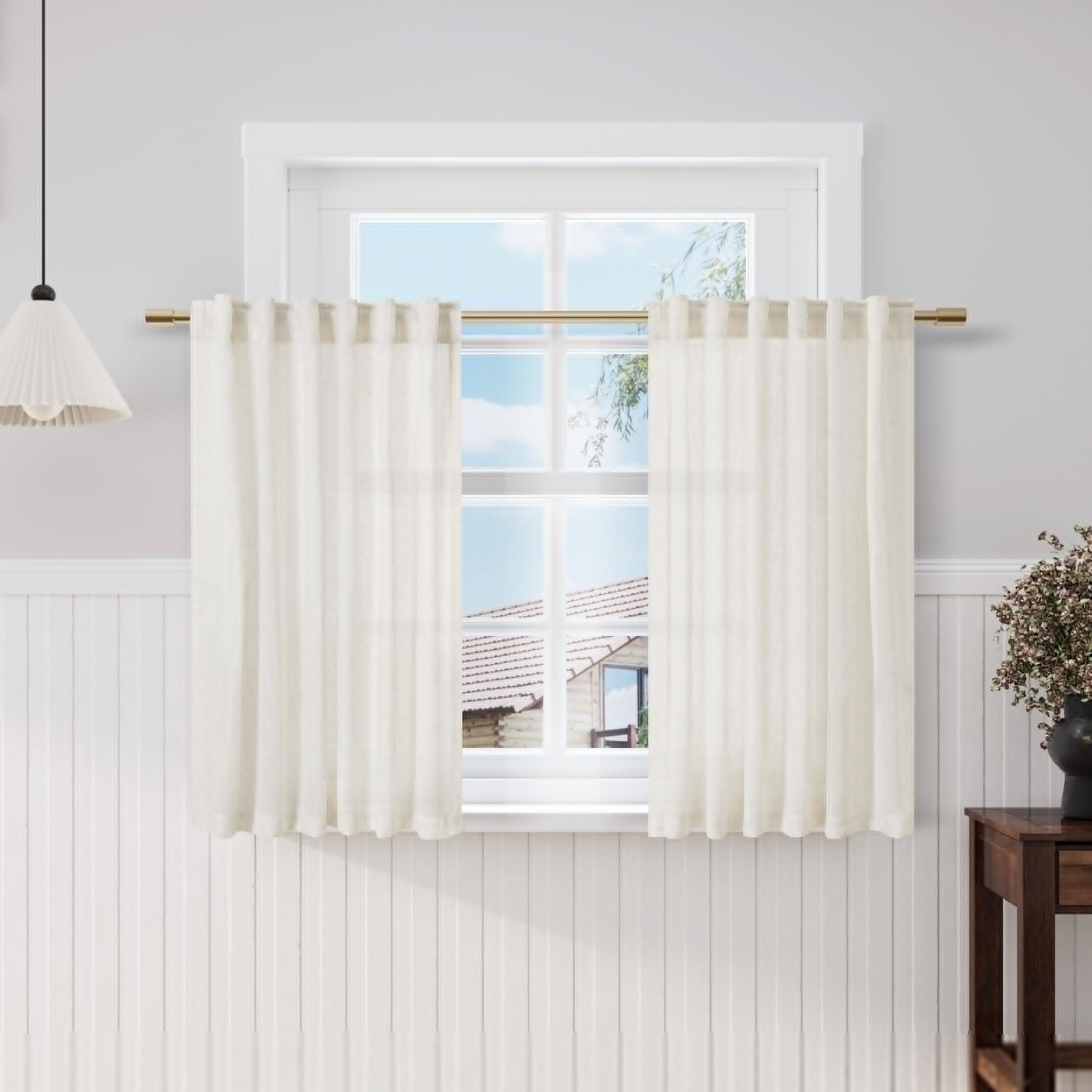 Nanspring Cream Short Linen Kitchen Curtains 36 Inch Length,Over Sink Light Filtering Semi Sheer Curtains Back Tab and Rod Pocket Drapes for Basement Bathroom Window, 2 Panels 42 x 36 Inch Image Nanspring Cream Short Linen Kitchen Curtains 36 Inch Length,Over Sink Light Filtering Semi Sheer Curtains Back Tab and Rod Pocket Drapes for Basement Bathroom Window, 2 Panels 42 x 36 Inch Image