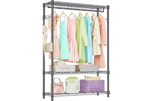 IZEUK 3 Tier Heavy Duty Garment Rack Wire Clothes Rack for Hanging Clothes, Metal Freestanding Closet Wardrobe Rack with 1 Rod and Side Hooks Dark Grey 15.7" D x 45.3" W x 72.4" H