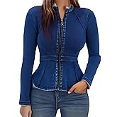 Lynroxia Casual Denim Peplum Jacket for Women Long Sleeve Zip Front Athletic Workout Ruffle Blazer Coats