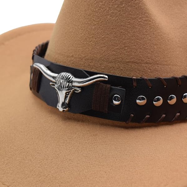 IFSUN UNISEX WESTERN COWBOY HAT FUR FELT COWGIRL HATS WIDE BRIM WITH BELT BUCKLE BEIGE