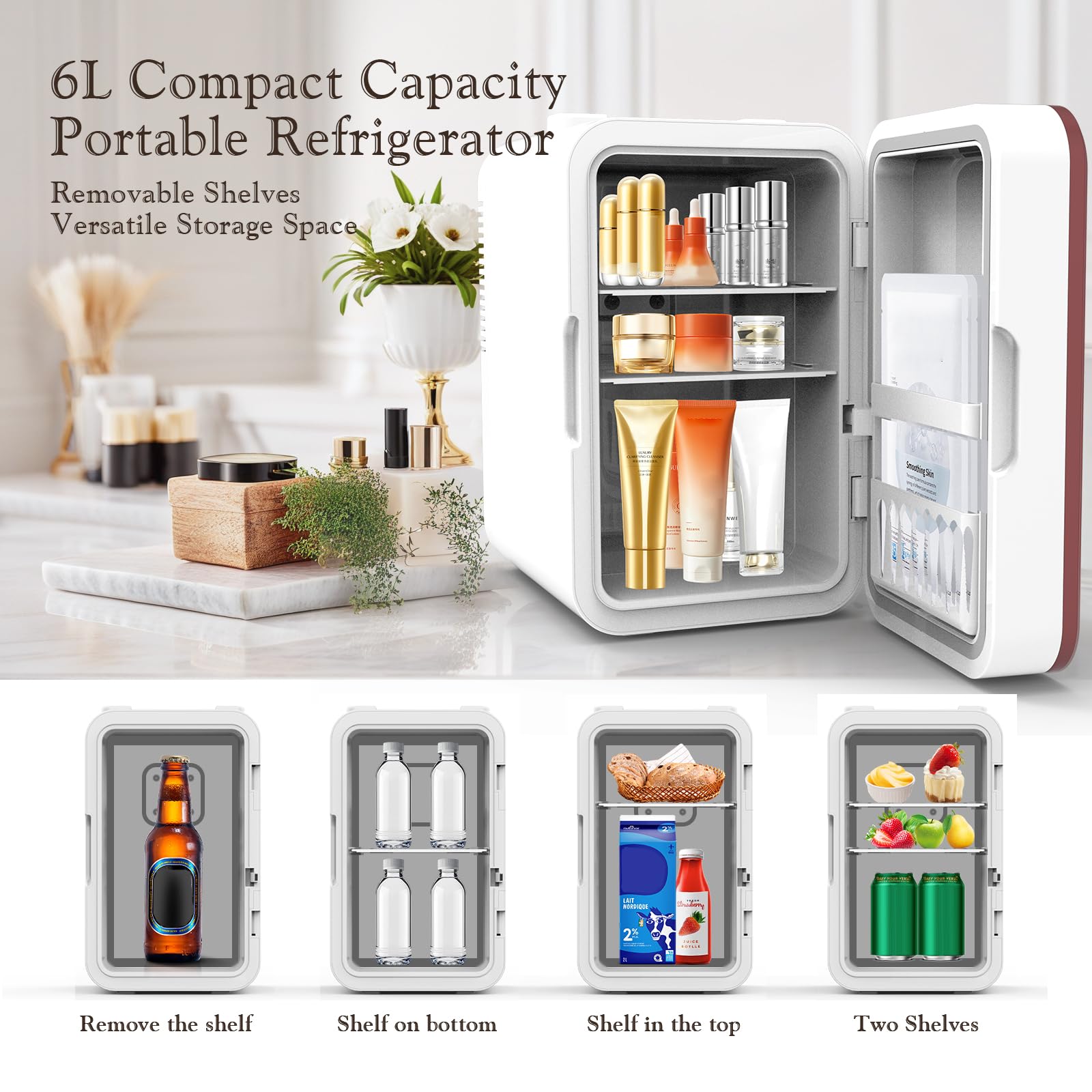 Skincare Fridge, 6L/10 Can Mini Fridge for Bedroom with Dimmable LED Mirror, Portable Cooler & Warmer Small Compact Refrigerator for Skincare, Cosmetics, Bedroom and Office, White
