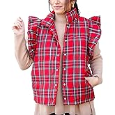 SOLILOQUY Women Christmas Plaid Quilted Vest Ruffle Sleevless High Neck Lightweight Puffer Waistcoat Vest Gingham Padded Coat