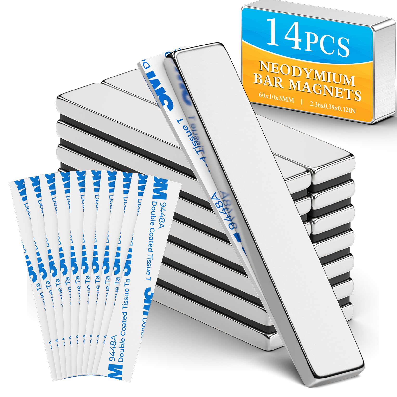 Photo 1 of Grtard 14 Pack Powerful Neodymium Bar Magnets, 60 x 10 x 3 mm Rare Earth Magnet Bar, Rectangle Magnet, Neodymium Magnets with Double Sided Adhesive Backing for Outdoor, Fridge, Whiteboard