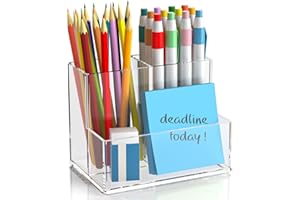 runzoos Clear Pen Holder for Desk, Small Acrylic Pencil Holder, Compact Makeup Brush Holder Organizer for Vanity, Pen Pencil Organizer Cup, Office Desk Organizer and Accessories, 3 Compartment Design